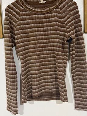 Hem & Thread Brown and Cream Striped Ribbed Crew Sweater